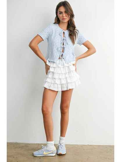 Scalloped Tie-Front Pointelle Knit Top