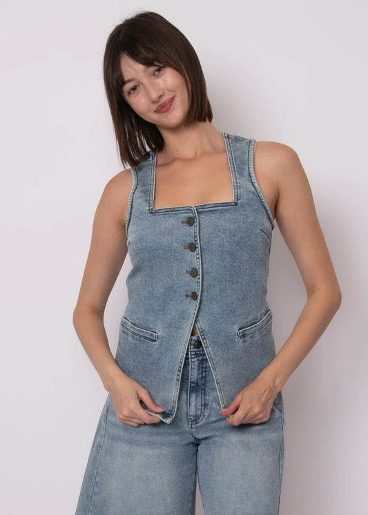 Tie Back Denim Button Up Vest
