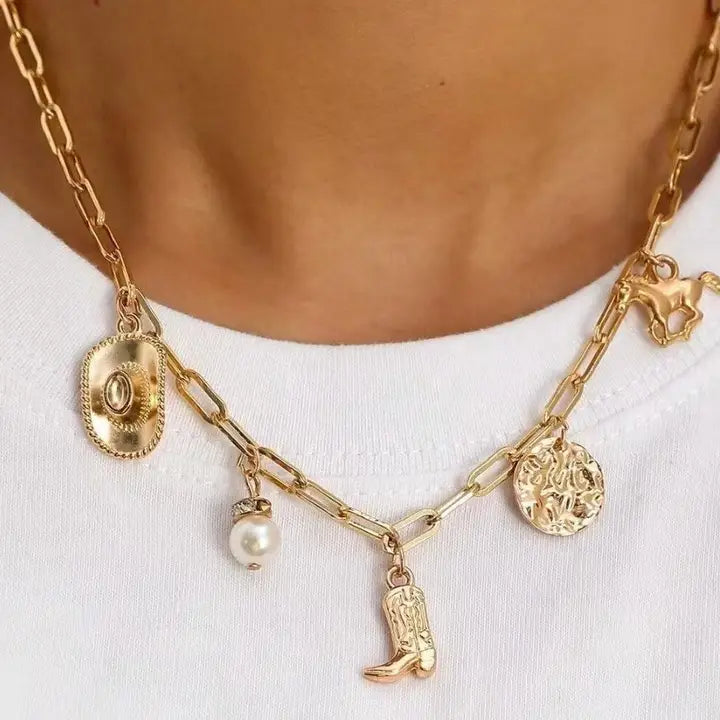 Dainty Cowgirl Pearl Charm Necklace
