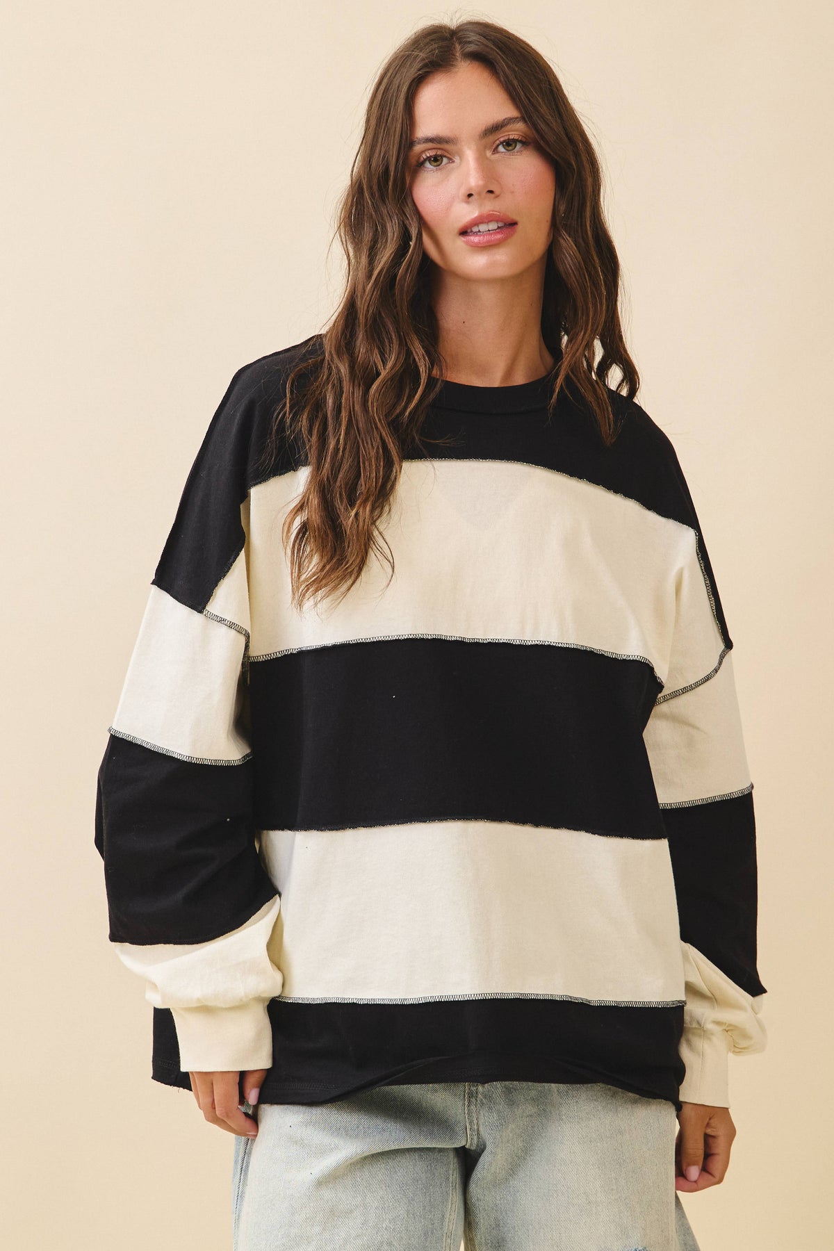 8551GN Oversized Color Block Long Sleeve Pullover: White Brownie / Contemporary / M