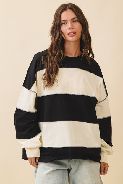8551GN Oversized Color Block Long Sleeve Pullover: White Brownie / Contemporary / M