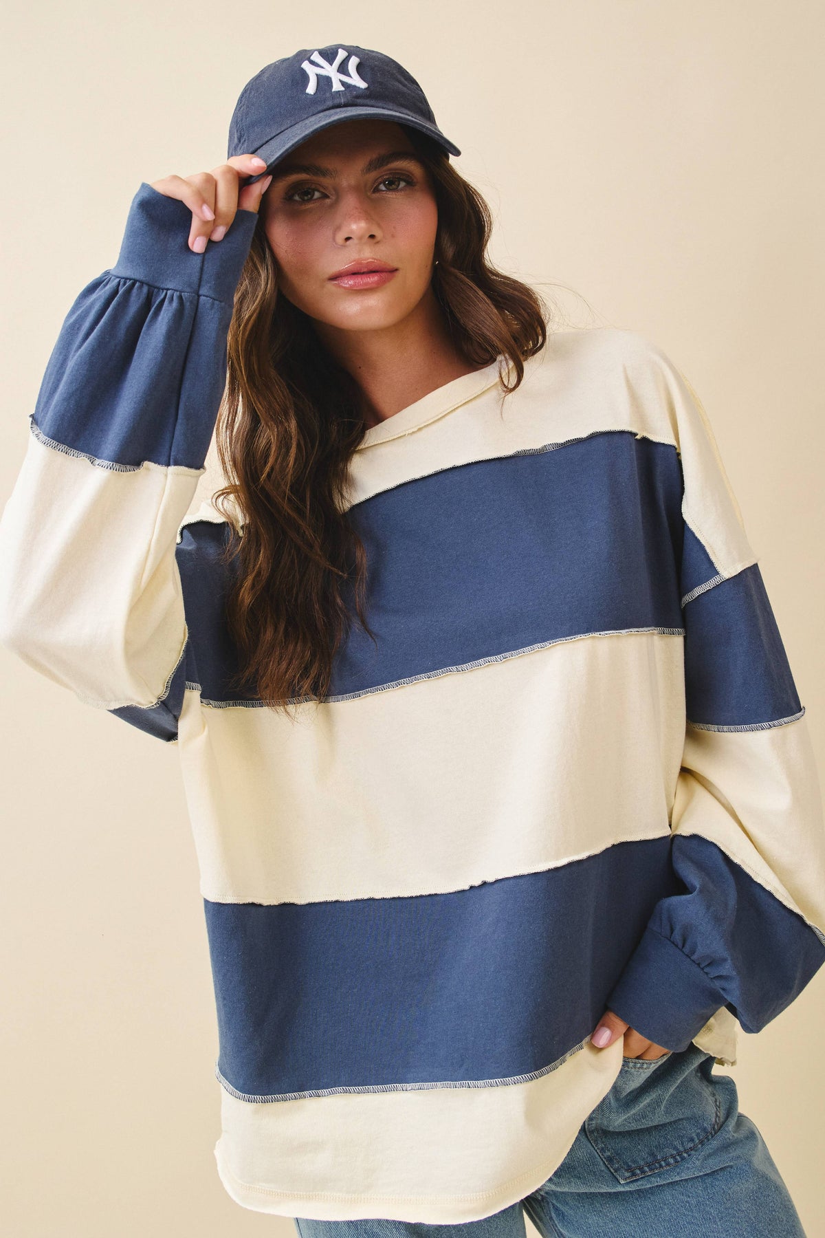 8551GN Oversized Color Block Long Sleeve Pullover: White Brownie / Contemporary / M
