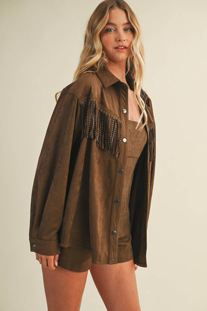 Brown Studded Fringe Suede Jacket