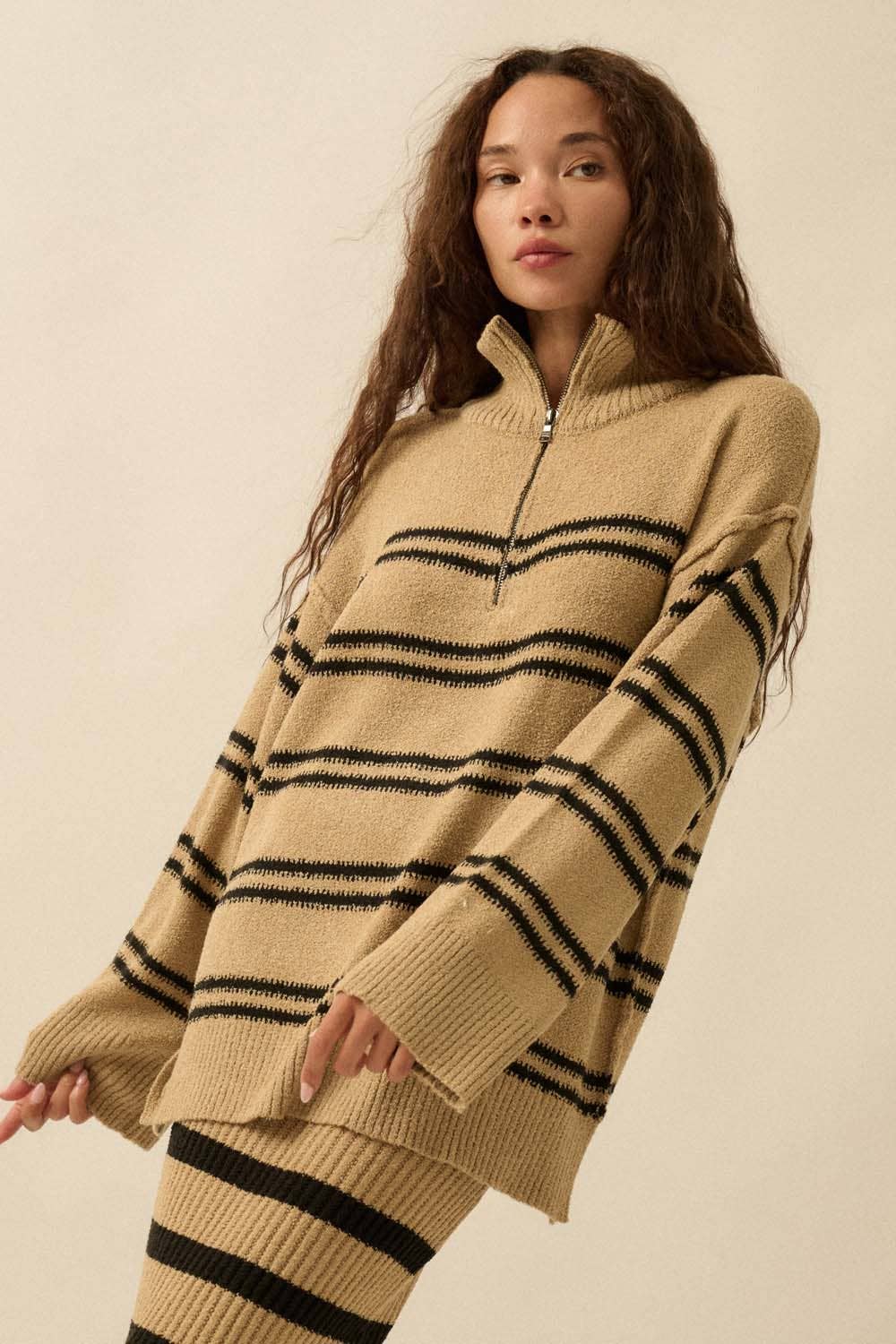 Textured Striped Knit Quarter-Zip Sweater