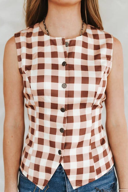 Sierra Gingham Sleeveless Button-Up Vest