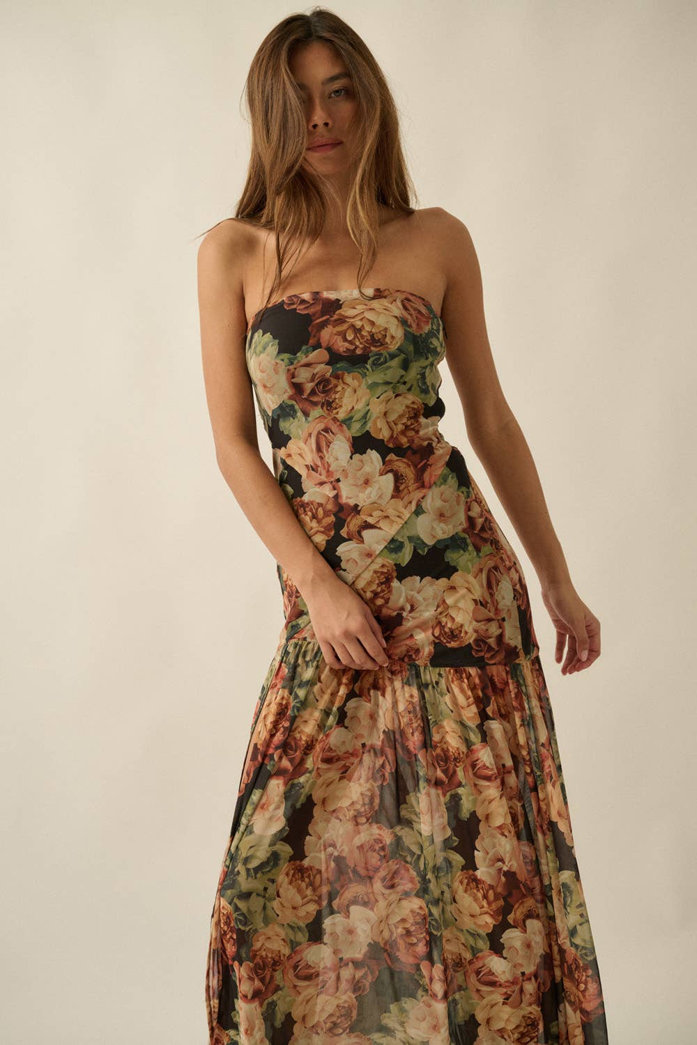 Floral Mesh Strapless Maxi Dress