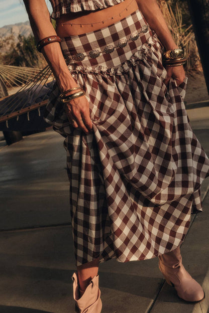 Gingham Plaid Drop-Waist Ruffle Midi Skirt