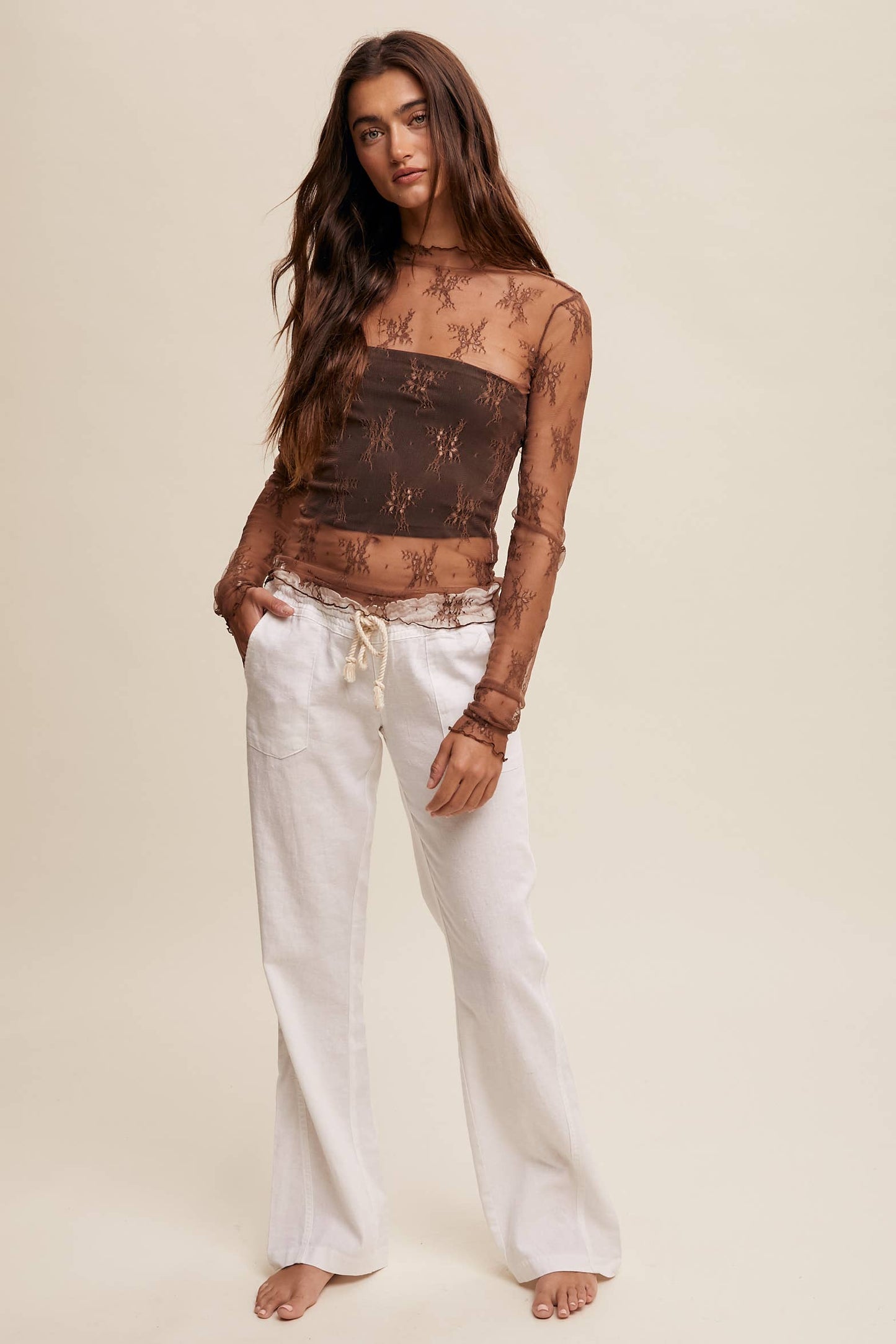Sheer Lace Long-Sleeve  Mocha