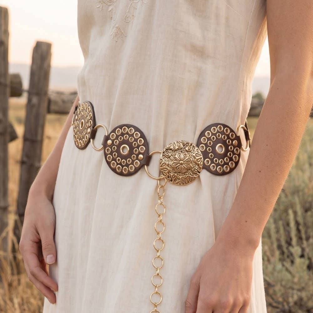 Studded Disc Floral Concho Chain Belt