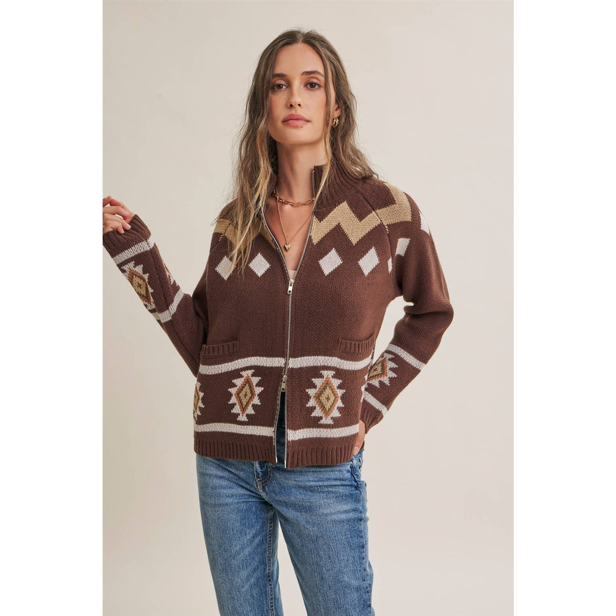RUSTIC ESCAPE FAIR ISLE 2-WAY ZIP MOCK NECK SWEATER JACKET