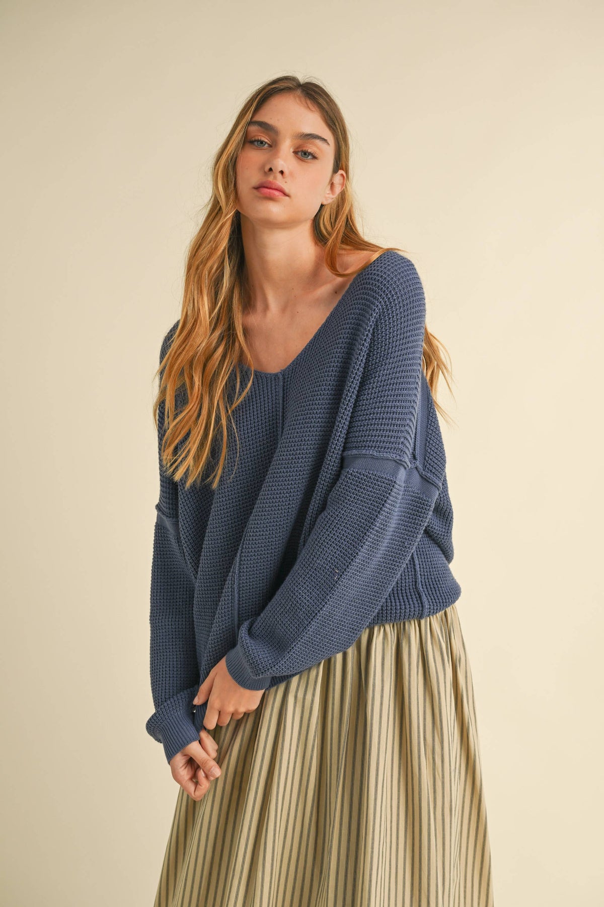 V-Neck Loose Fit Oversized Textured Sweater