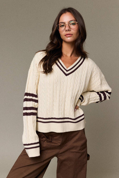 Valentina Cable Knit V-Neck Varsity Sweater