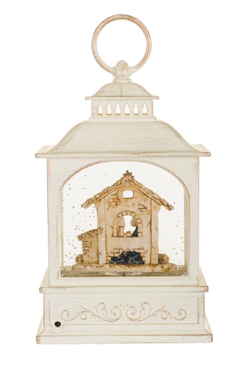 Musical White Led Lantern Snow Globe With Nativity Scene