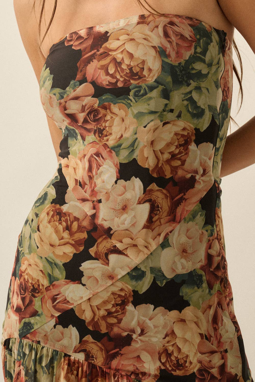 Floral Mesh Strapless Maxi Dress
