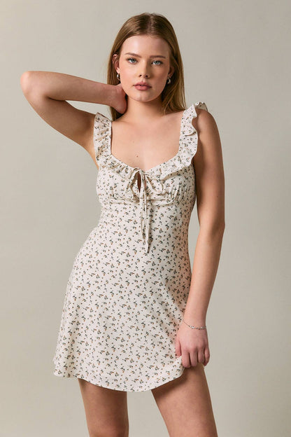 RUFFLE SLEEVE SWEETHEART NECK LINE MINI DRESS