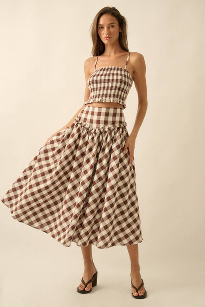 Gingham Plaid Drop-Waist Ruffle Midi Skirt