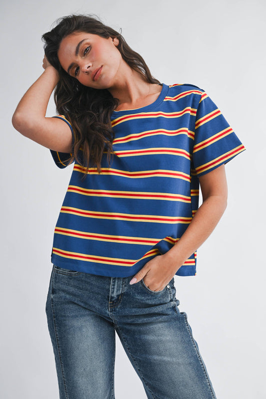 Striped Boxy Short Sleeve Tee - Navy