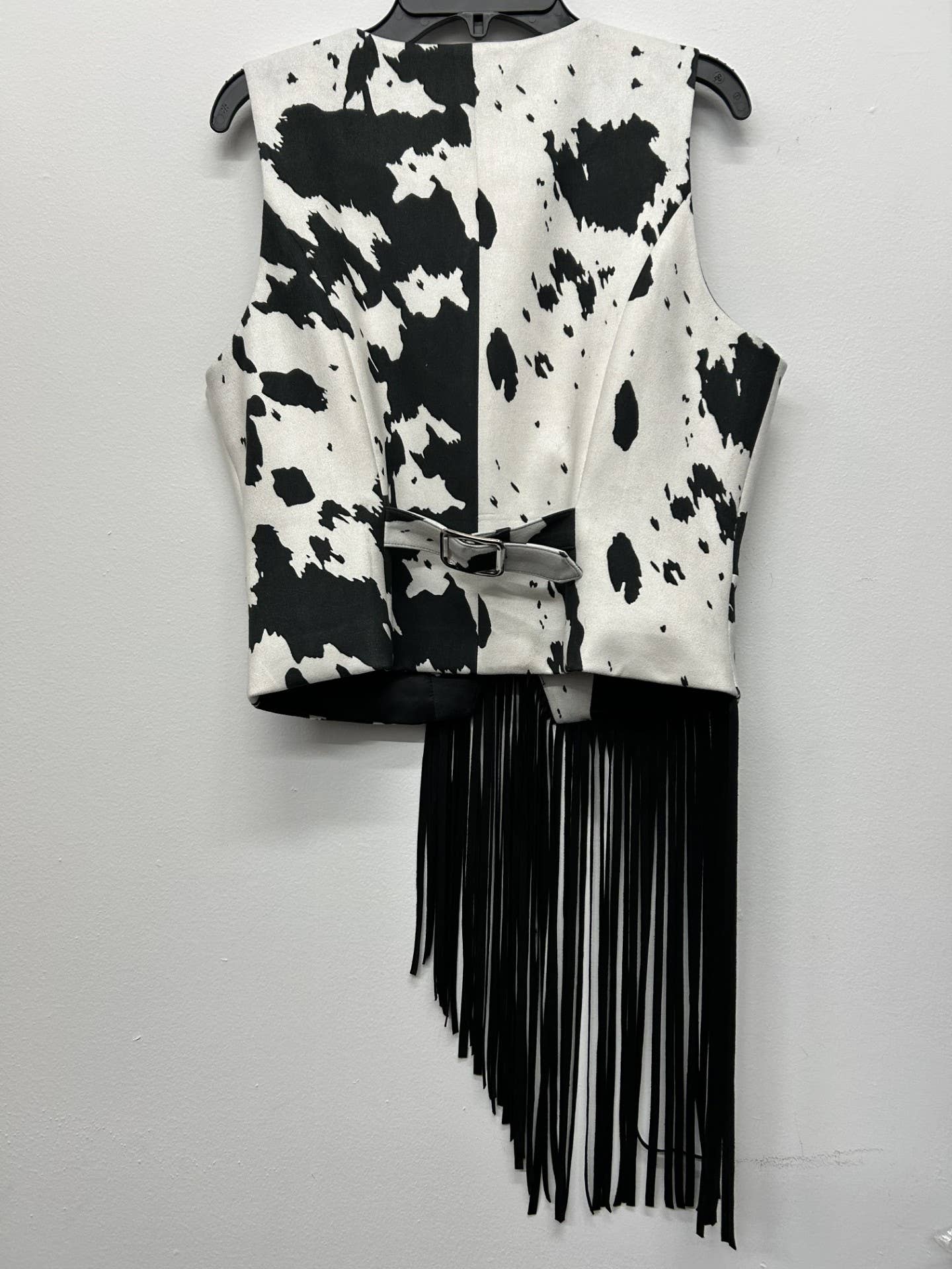 Asymmetrical Fringe Cow Print Vest