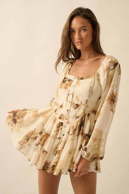 Floral Bubble-Sleeve Tiered Romper