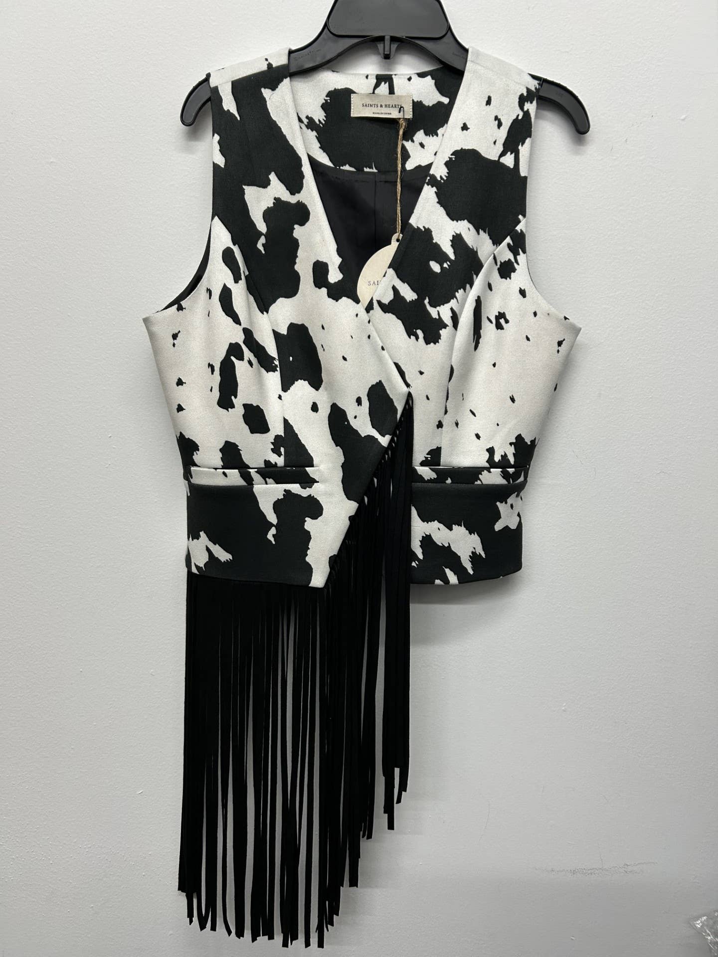 Asymmetrical Fringe Cow Print Vest