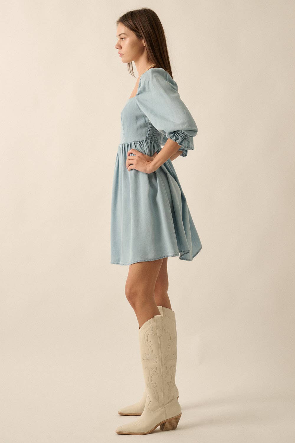 Denim Square-Neck Smocked Low-Back Mini Dress