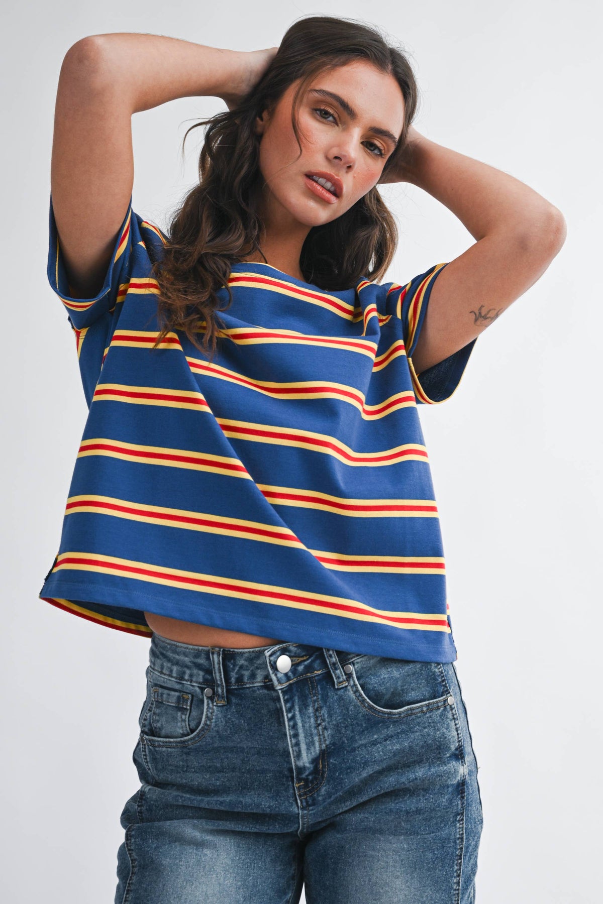 Striped Boxy Short Sleeve Tee - Navy