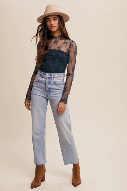 Sheer Lace Long-Sleeve Top Teal