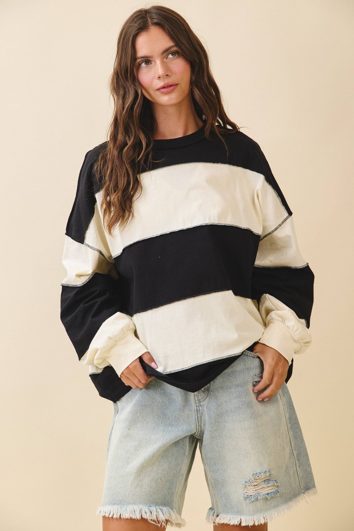 8551GN Oversized Color Block Long Sleeve Pullover: White Brownie / Contemporary / M