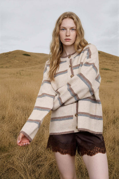 Heathered Stripe Button Down Knit Cardigan