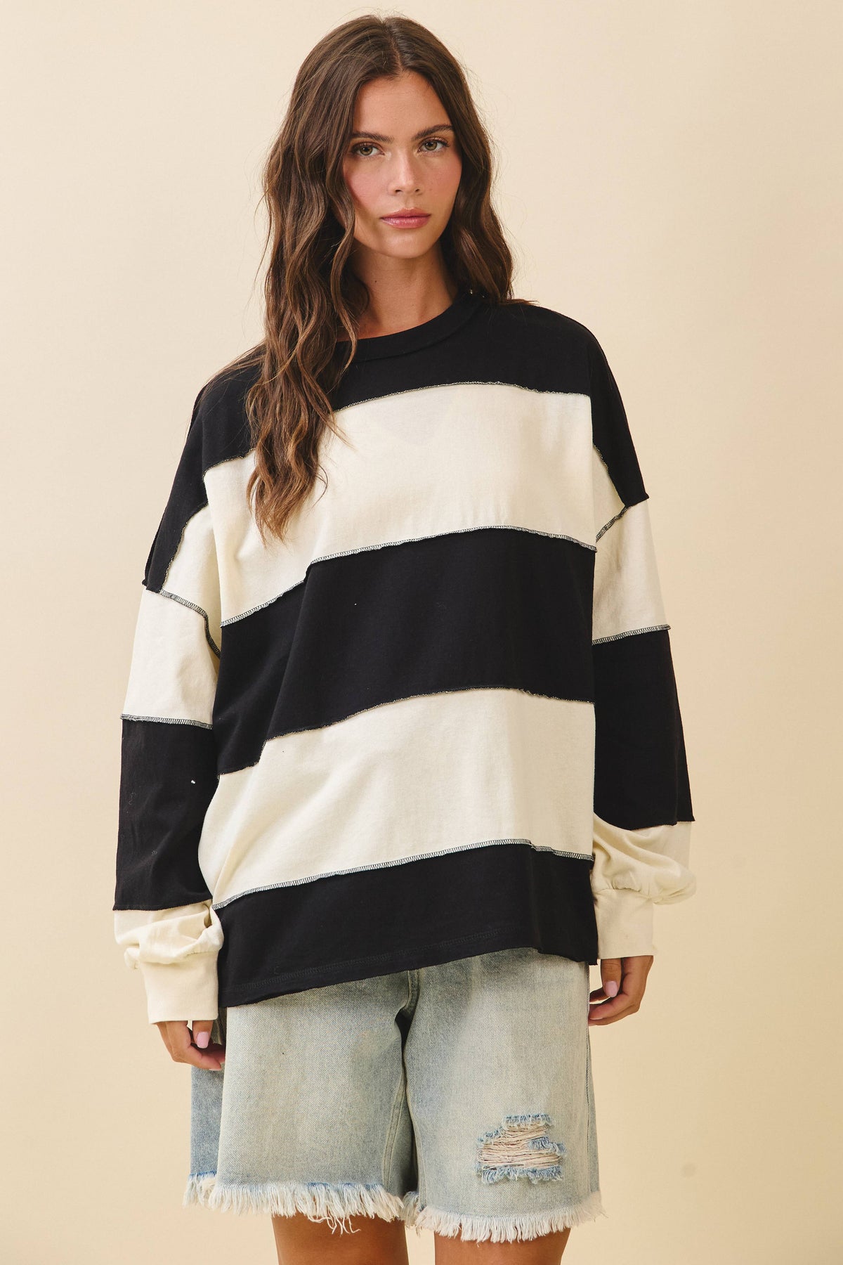 8551GN Oversized Color Block Long Sleeve Pullover: White Brownie / Contemporary / M
