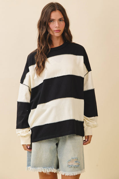 8551GN Oversized Color Block Long Sleeve Pullover: White Brownie / Contemporary / M