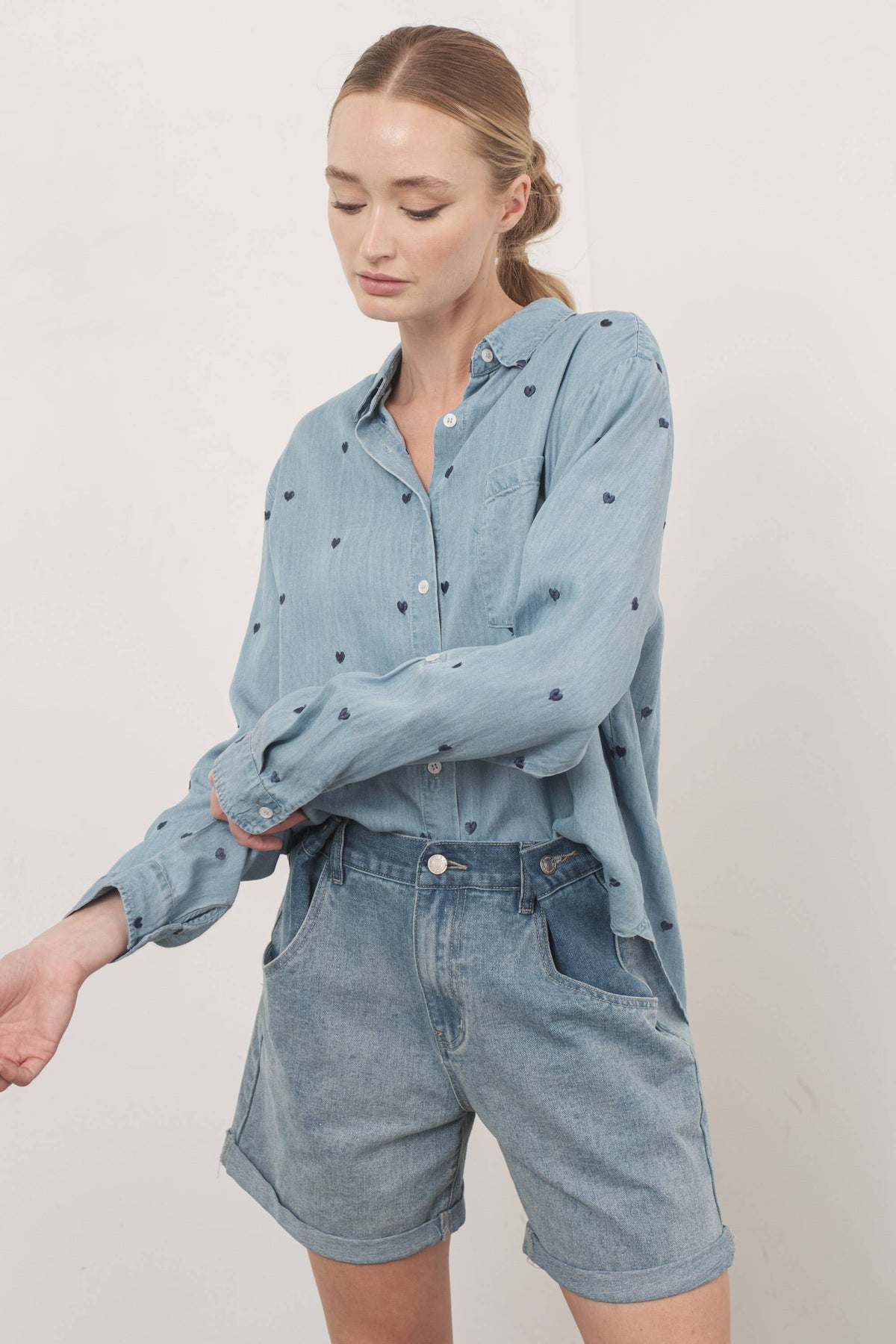 HEART EMBROIDERED DENIM SHIRTS