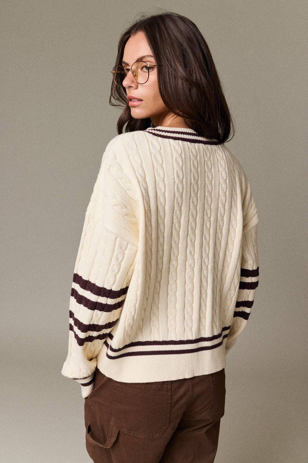 Valentina Cable Knit V-Neck Varsity Sweater