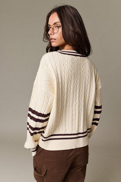 Valentina Cable Knit V-Neck Varsity Sweater