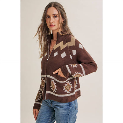 RUSTIC ESCAPE FAIR ISLE 2-WAY ZIP MOCK NECK SWEATER JACKET