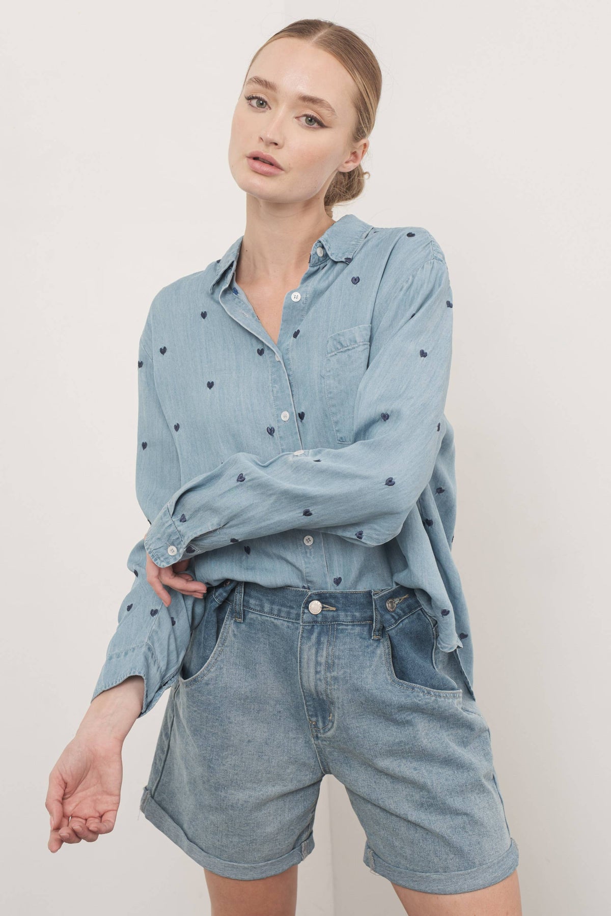 HEART EMBROIDERED DENIM SHIRTS