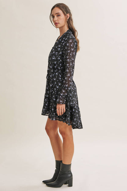MIDNIGHT SHIMMER DITSY FLORAL NECK TIE RUFFLE MINI DRESS