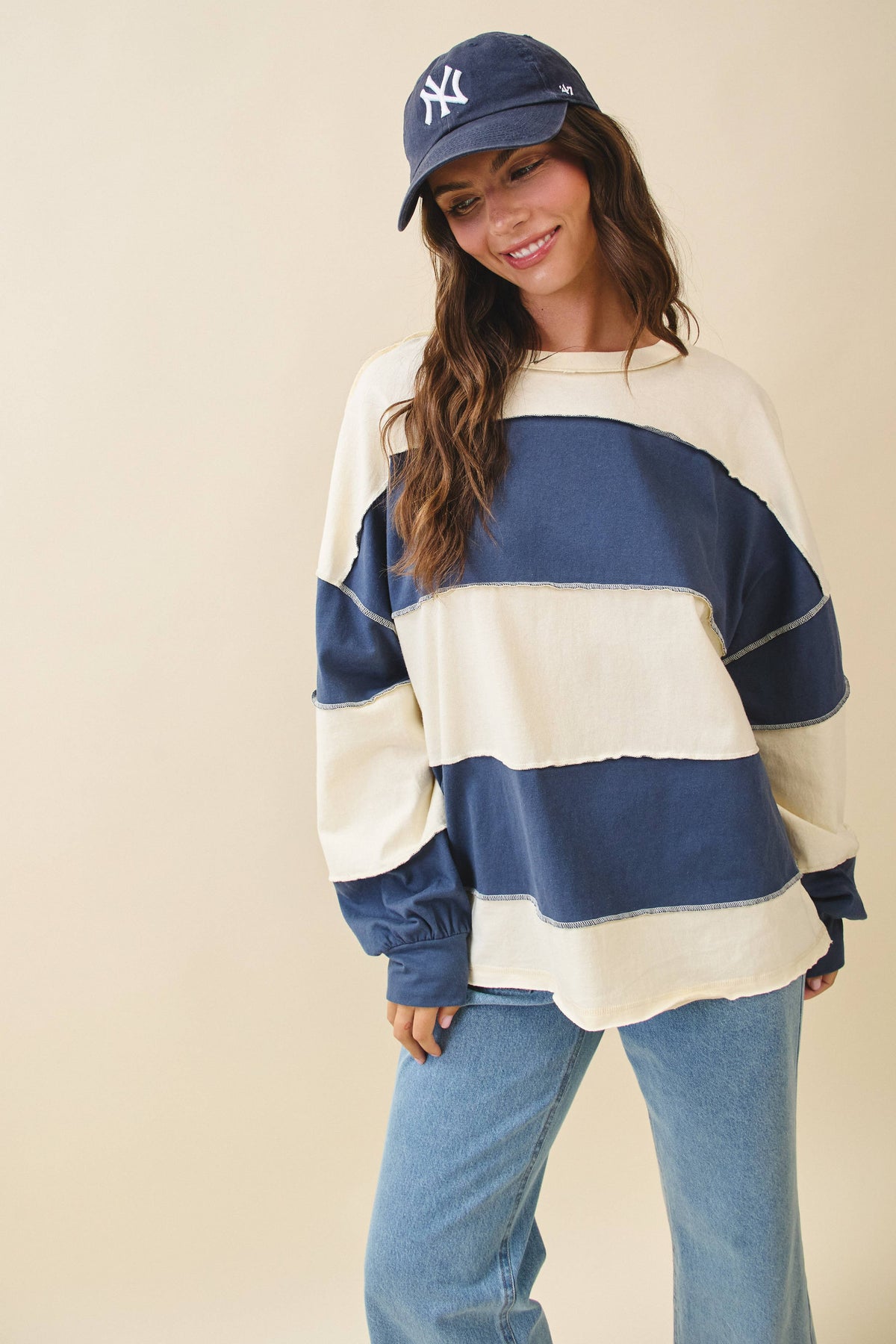 8551GN Oversized Color Block Long Sleeve Pullover: White Brownie / Contemporary / M