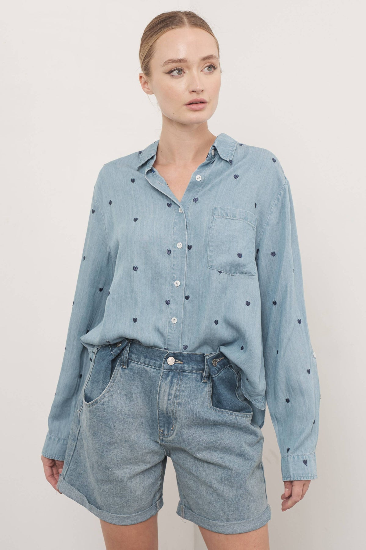 HEART EMBROIDERED DENIM SHIRTS