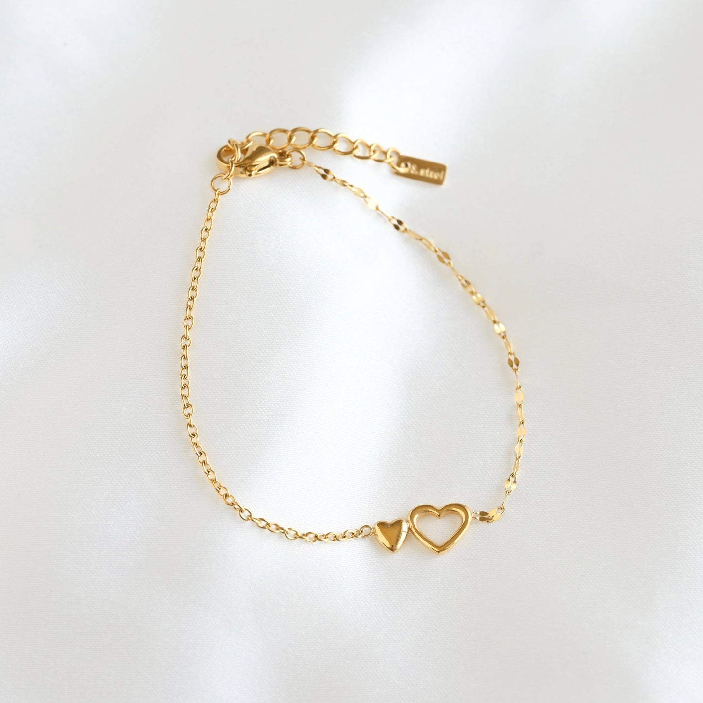 Gold Mixed Chain Double Heart Bracelet