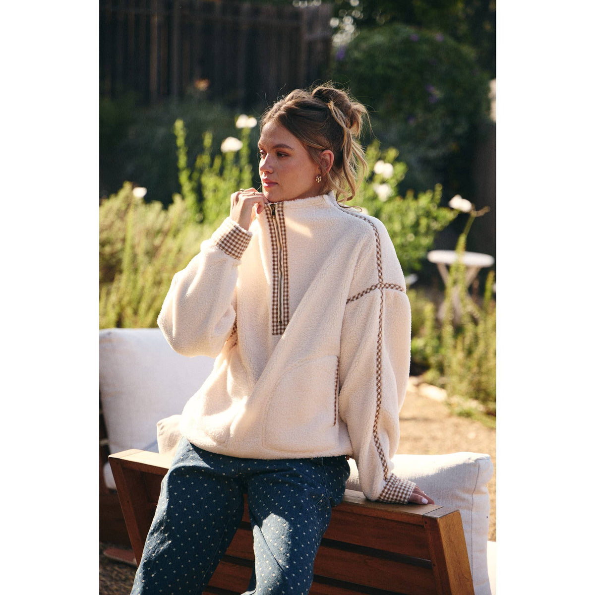 CABIN GINGHAM TRIM FLEECE HALF-ZIP PULLOVER