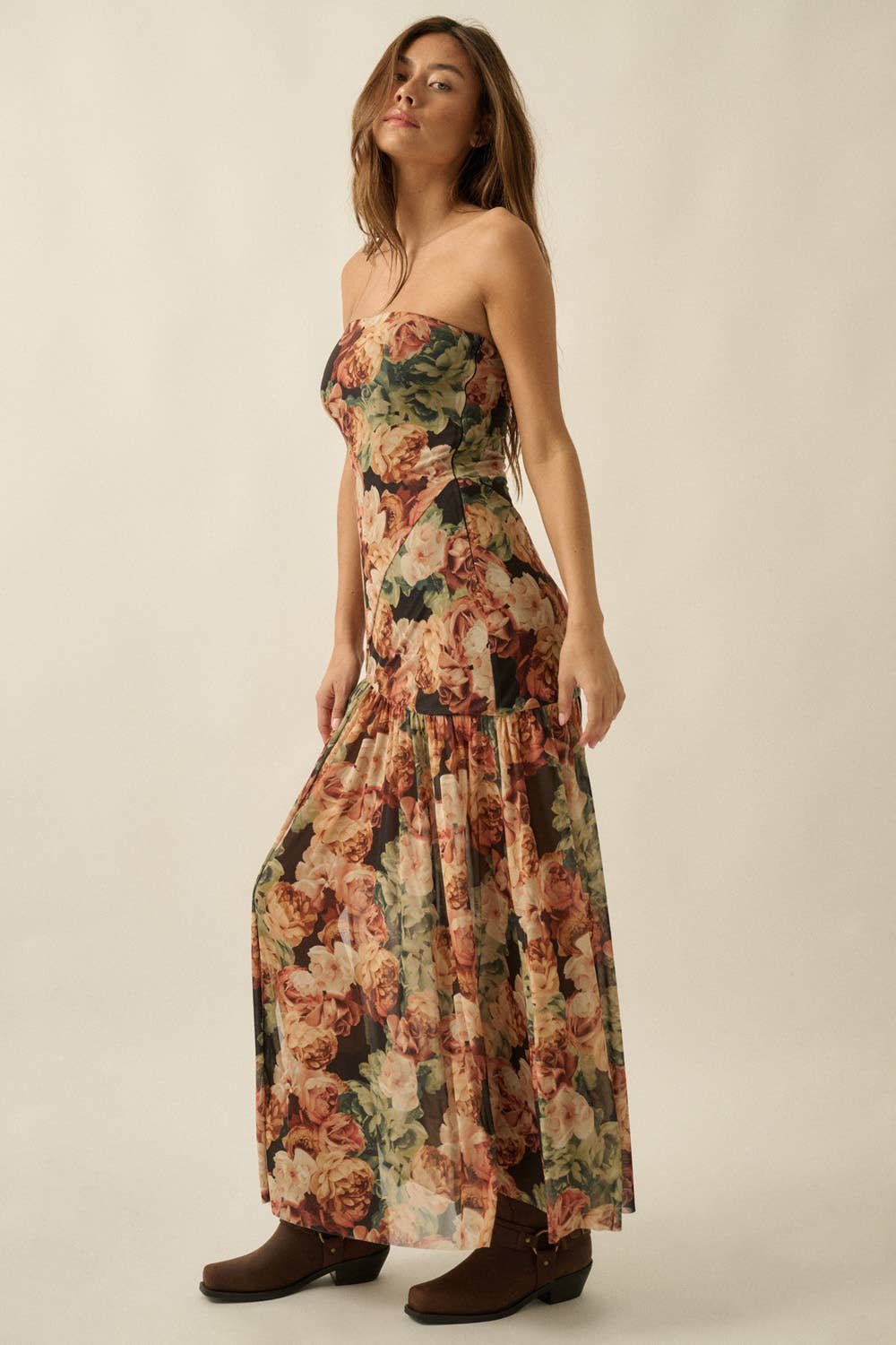 Floral Mesh Strapless Maxi Dress