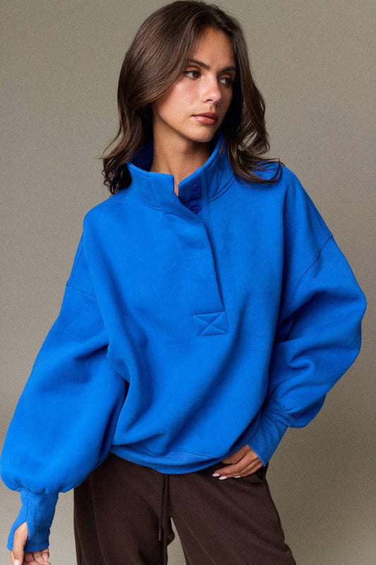 High Collar Half Button-Up Relaxed Fit Pullover