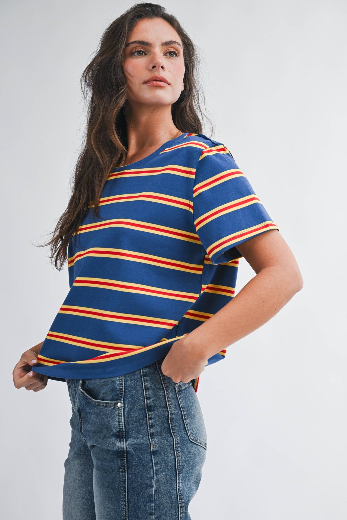 Striped Boxy Short Sleeve Tee - Navy