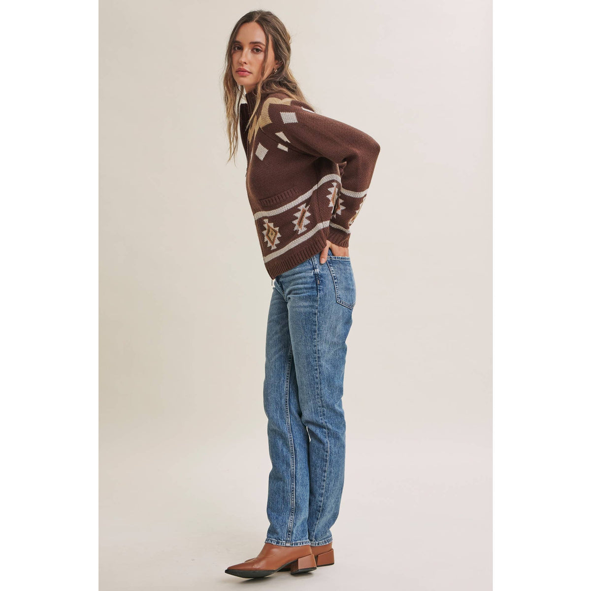 RUSTIC ESCAPE FAIR ISLE 2-WAY ZIP MOCK NECK SWEATER JACKET