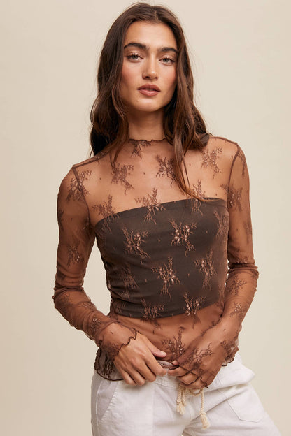 Sheer Lace Long-Sleeve  Mocha