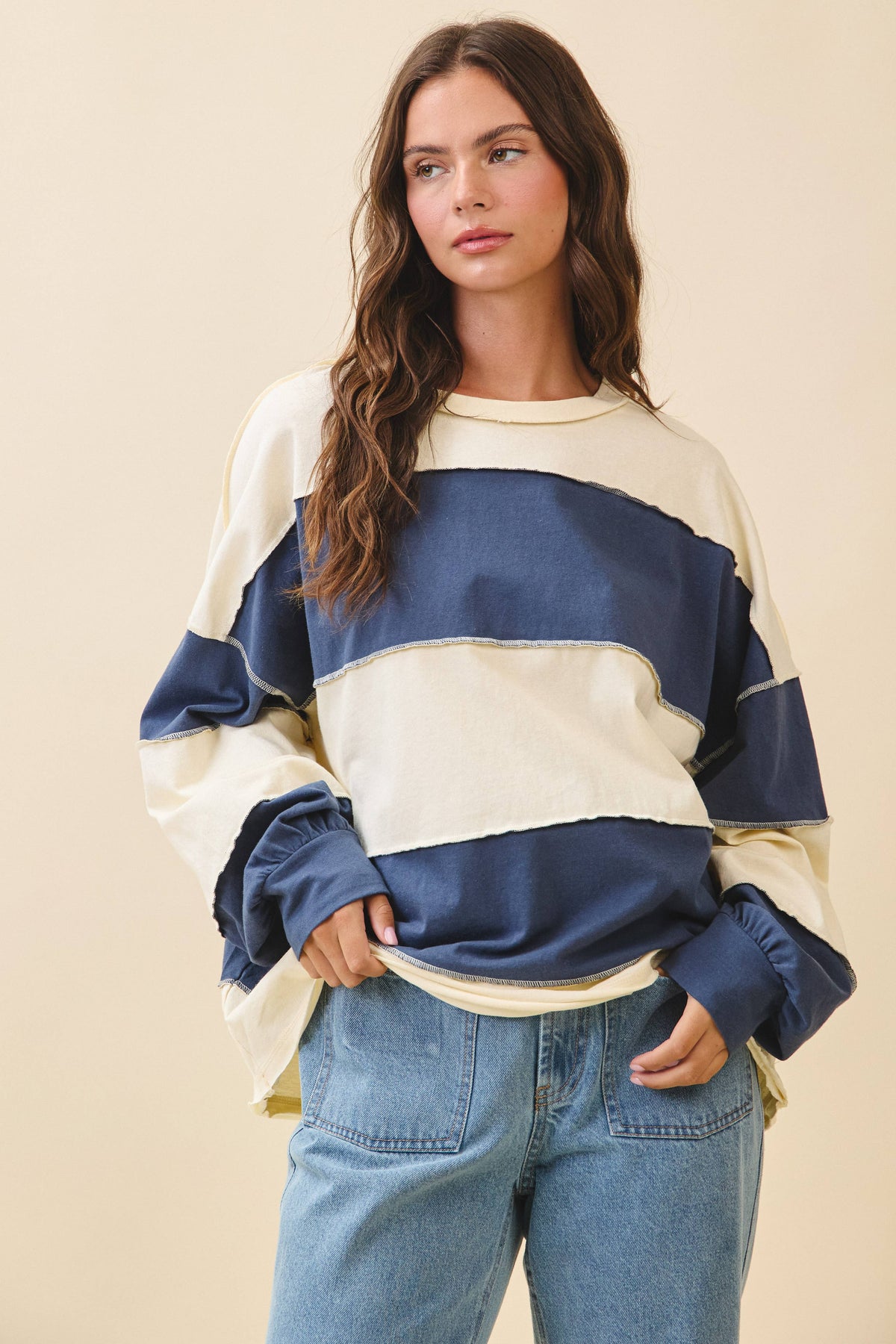 8551GN Oversized Color Block Long Sleeve Pullover: White Brownie / Contemporary / M
