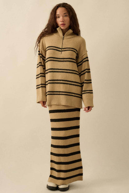 Textured Striped Knit Quarter-Zip Sweater
