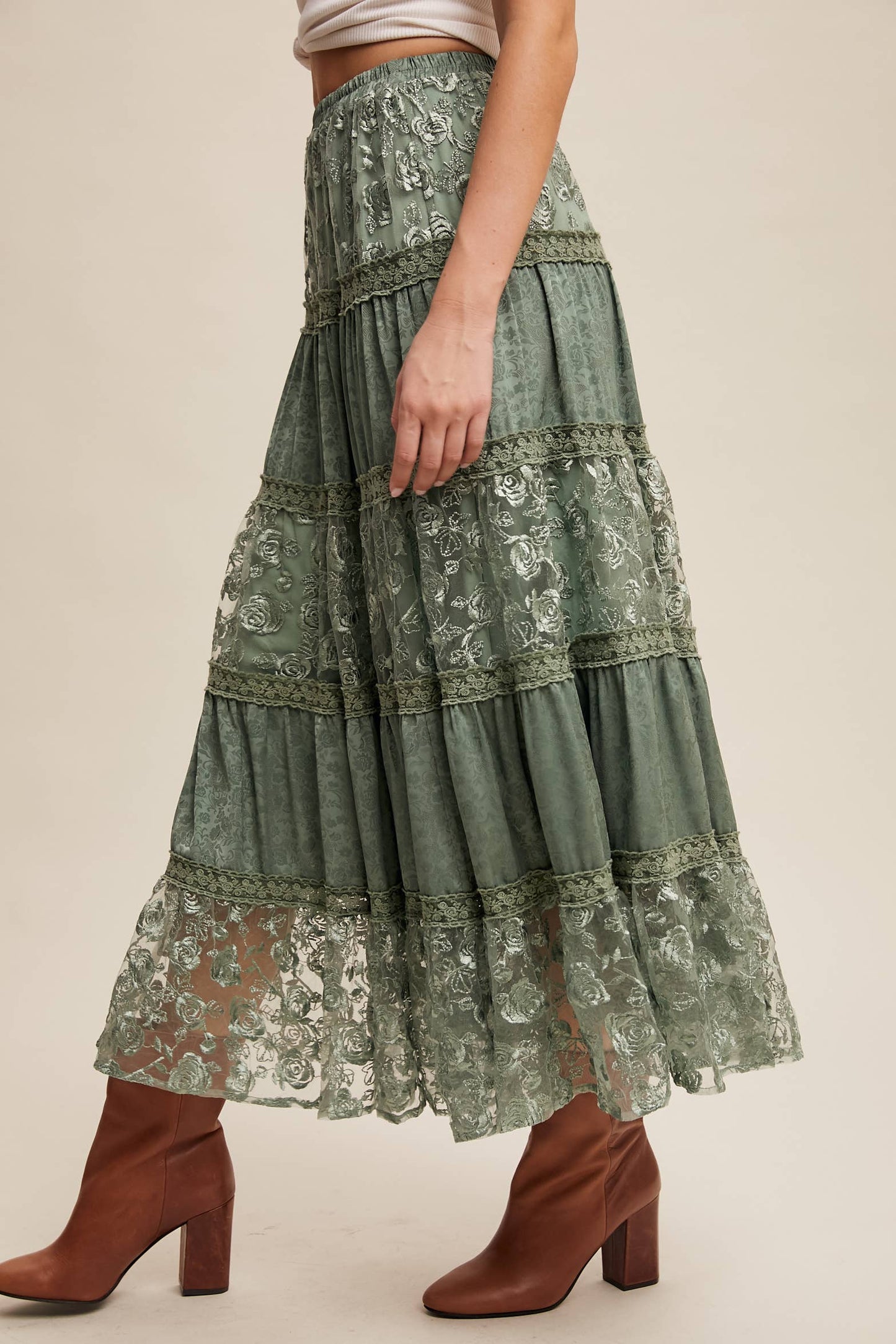 Floral Embroidered Tiered Maxi Skirt