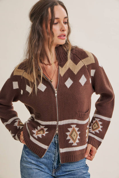 RUSTIC ESCAPE FAIR ISLE 2-WAY ZIP MOCK NECK SWEATER JACKET